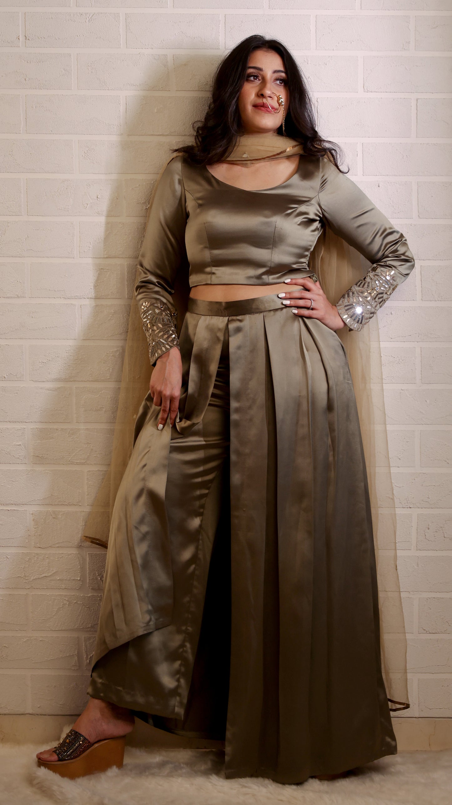 Olive Box Skirt Pant Set