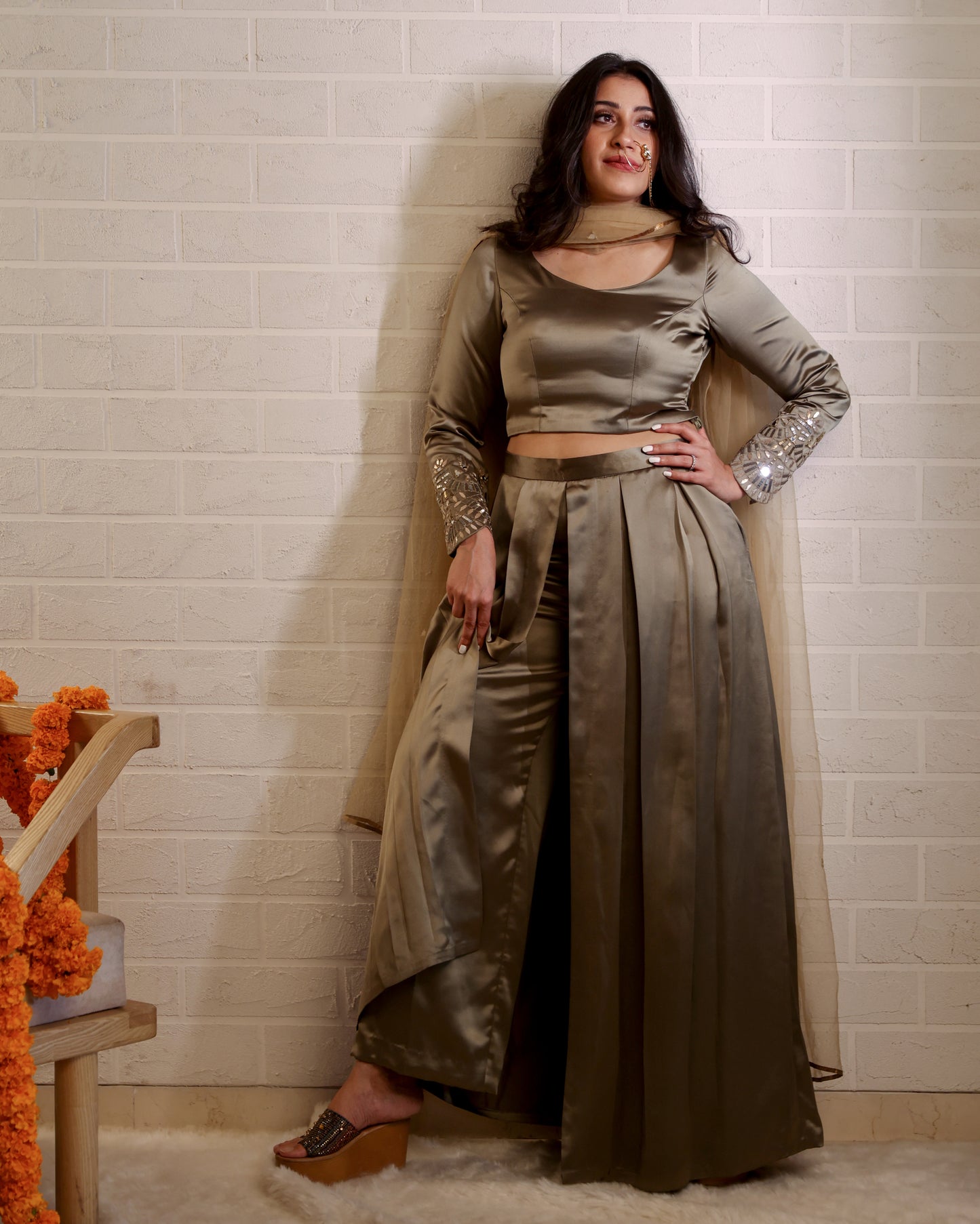 Olive Box Skirt Pant Set