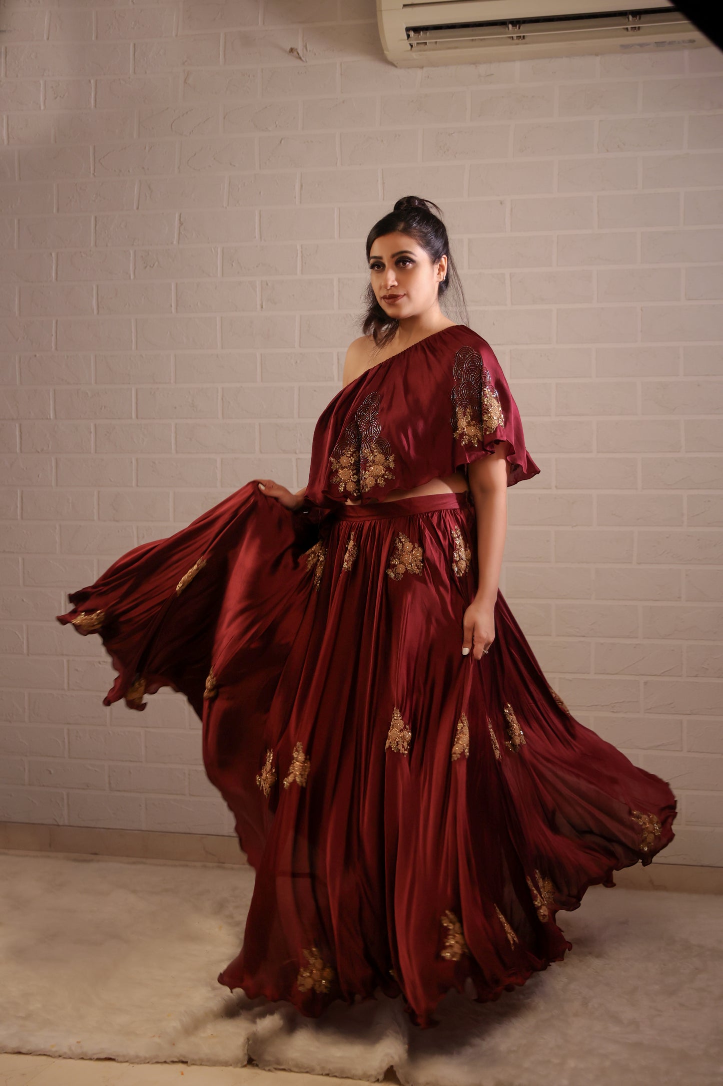 Red Wine Flowy Skirt Set