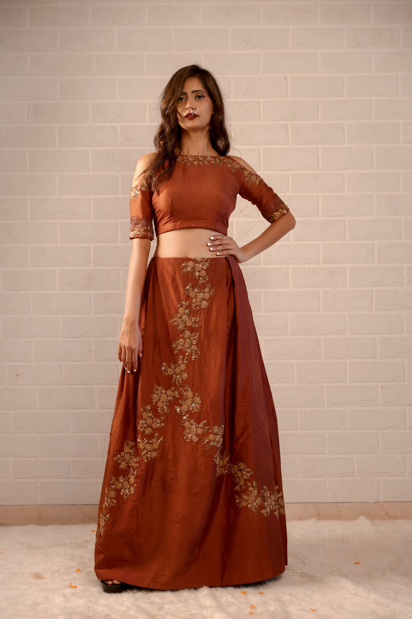 Rust Crop Lehanga Set