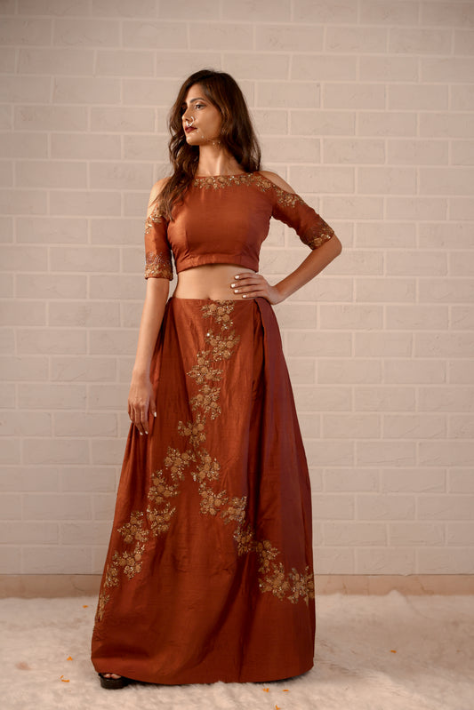 Rust Crop Lehanga Set